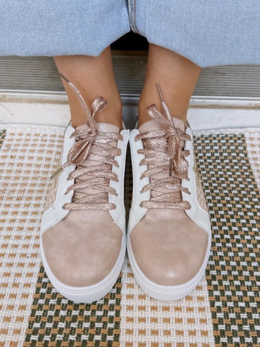Gold Glitter Star Patchwork Leather Lace-Up Sneakers - Picture 11 of 16